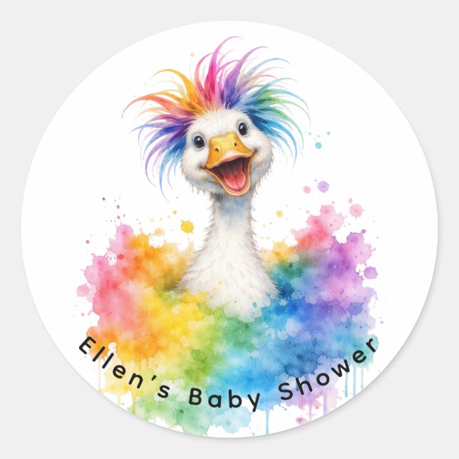 One Silly Goose Rainbow Baby Shower Runder Aufkleber (Vorderseite)