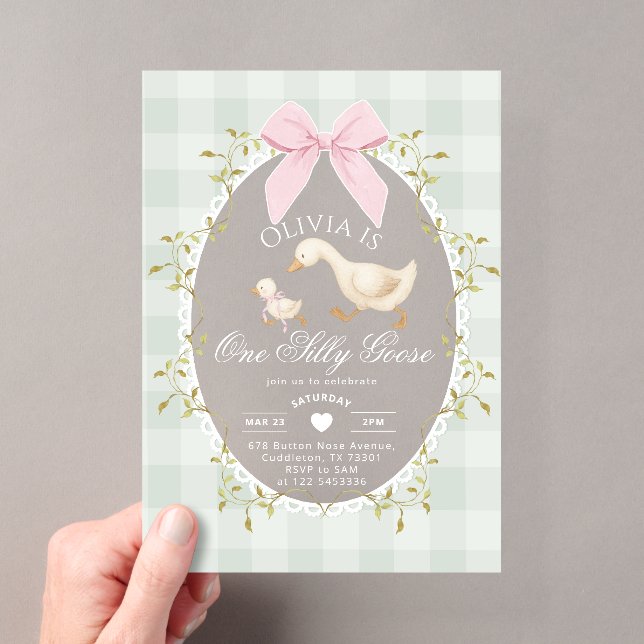 One Silly Goose Sage Gingham Bow girl 1st Birthday Acryleinladungen (Insitu (Handheld))