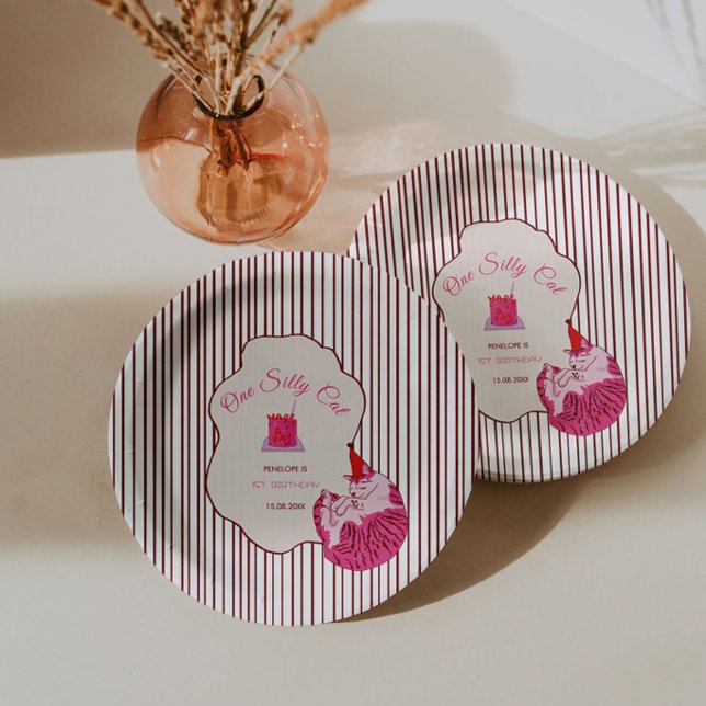 One Silly Pink Kitty 1st Birthday Pappteller (Von Creator hochgeladen)