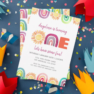 ONE Sun & Rainbows Erster Geburtstag Boho Wasserfa Einladung