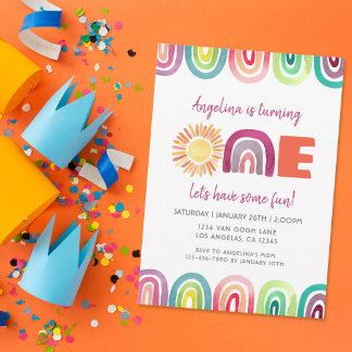 ONE Sunshine Rainbow 1. Geburtstag Boho Wasserfarb Einladung