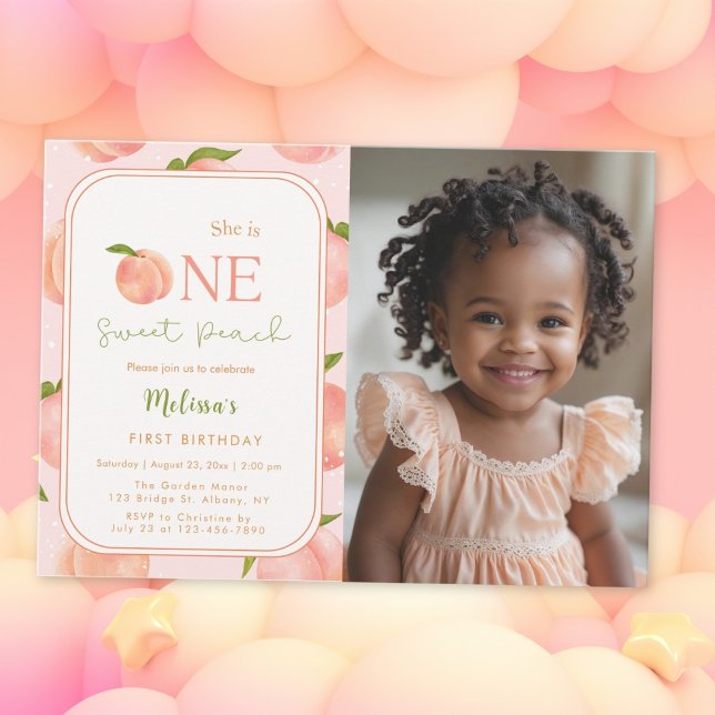 One Sweet Peach 1er Birthday Photo Invitation (Créateur téléchargé)