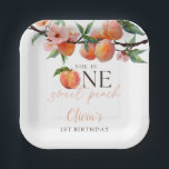 One Sweet Peach 1st Birthday  Pappteller<br><div class="desc">These charming first birthday party paper plates feature a peaches and blossom watercolor,  along with elegant script typography. Designed by Thisisnotme©</div>