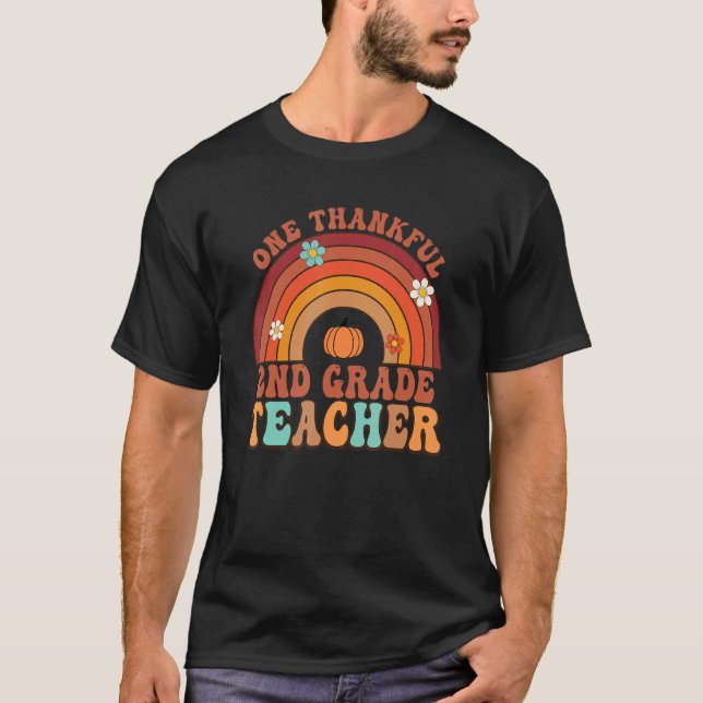 One Thankful 2nd Grade Teacher Groovy Thanksgiving T-Shirt (Vorderseite)