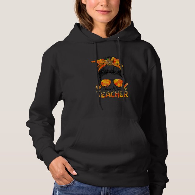 One Thankful Teacher Leopard Messy Bun Thanksgivin Hoodie (Vorderseite)