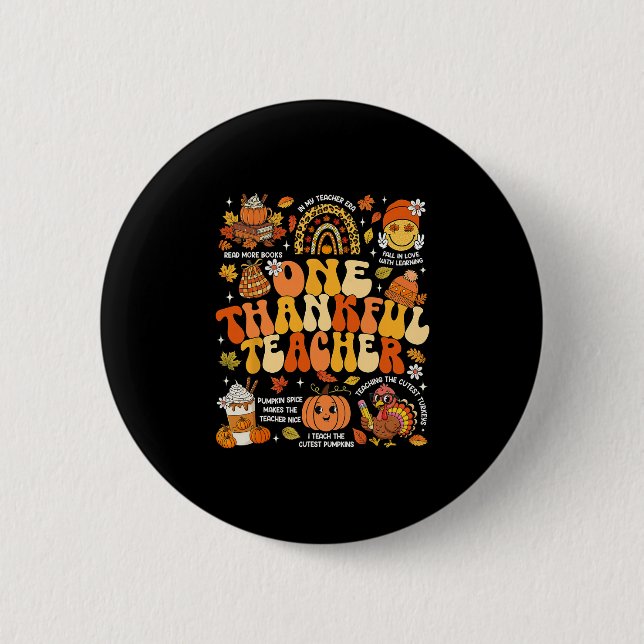 One Thankful Teacher Thanksgiving Groovy Fall Autu Button (Vorderseite)