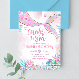 One the Sea Little Mermaid Erster Geburtstag Einladung