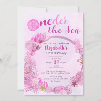 One the Sea Niedlich Pink Girl 1. Geburtstag Party Einladung