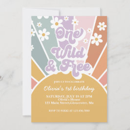 One Wild and Free Retro Sunshine Rainbow Daisy Inv Einladung