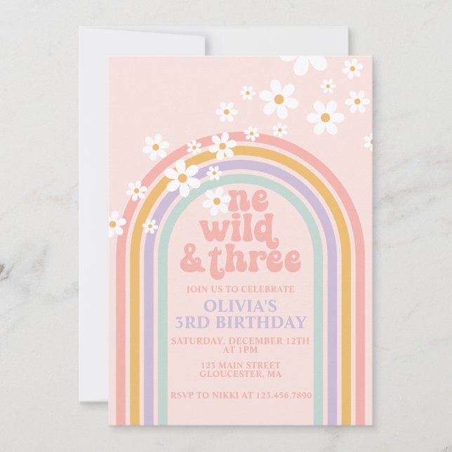 One Wild Three Pastel Regenbogen Geburtstag Einladung (Vorderseite)