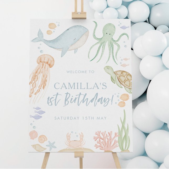 Oneder The Sea 1. Geburtstag 18x24" Begrüßungszeic Poster (Oneder the Sea | Matching items available for your little ones sea themed 1st birthday party)