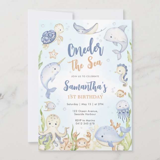 Oneder The Sea 1st Birthday Invitation Einladung (Vorderseite)
