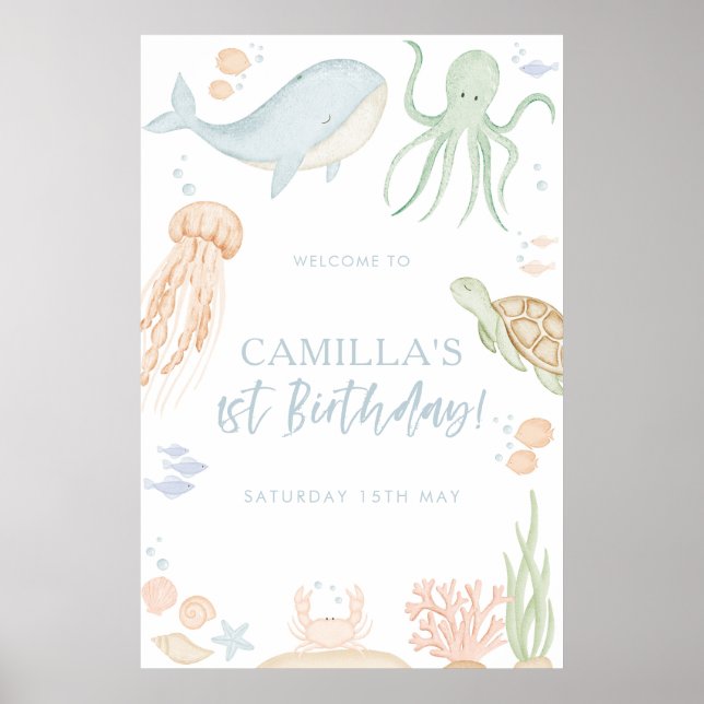 Oneder The Sea Baby Shower 24x36" Begrüßungszeiche Poster (Vorne)