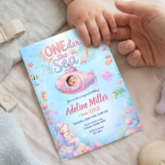 ONEder the Sea Girl First Birthday Photo Einladung