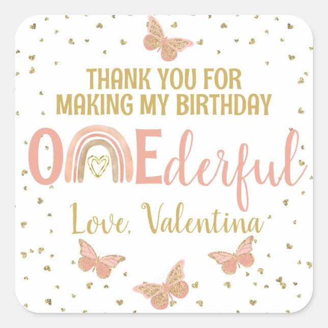 ONEderful Birthday Butterflies Rainbow Vielen Dank Quadratischer Aufkleber (Vorderseite)