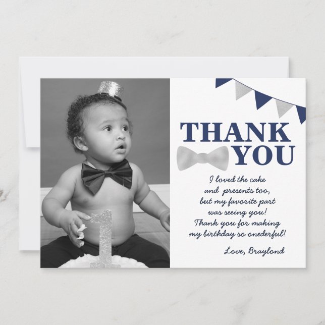 Onederful Blue and Silver First Birthday Foto Dankeskarte (Vorderseite)