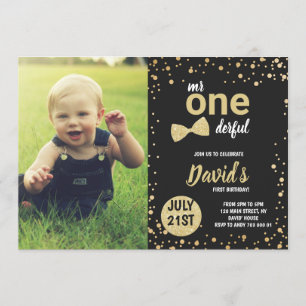 Onederful Gold Boy 1. Geburtstag mit Foto Einladung