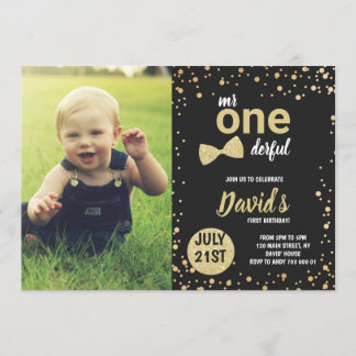 Onederful Gold Boy 1. Geburtstag mit Foto Einladung