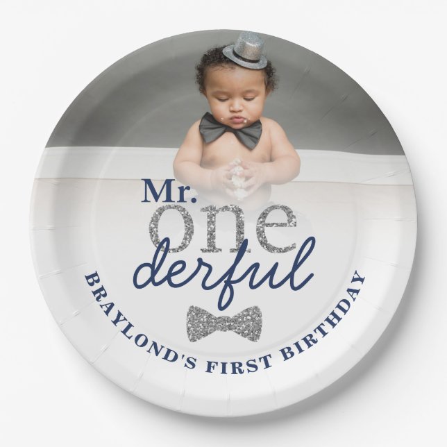 Onederful Navy & Silver Birthday Paper Tellers Pappteller (Vorderseite)