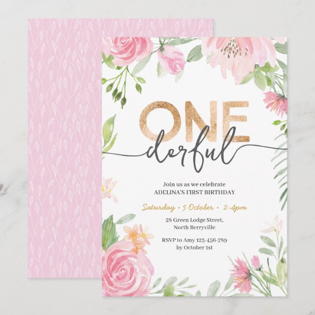 ONEderful Pink Blume 1. Geburtstag Einladung (Vorne/Hinten)