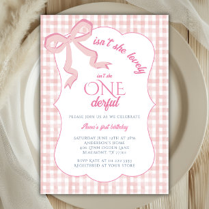 Onederful-Rosa-Schleifen-Gingham-Mädchen 1. Geburt Einladung