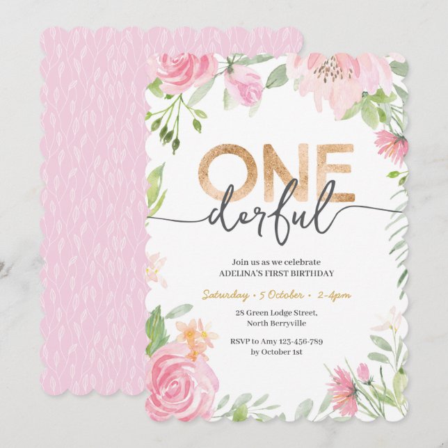 Onederful Rosa und Gold erste Geburtstagseinladung Einladung (Vorne/Hinten)