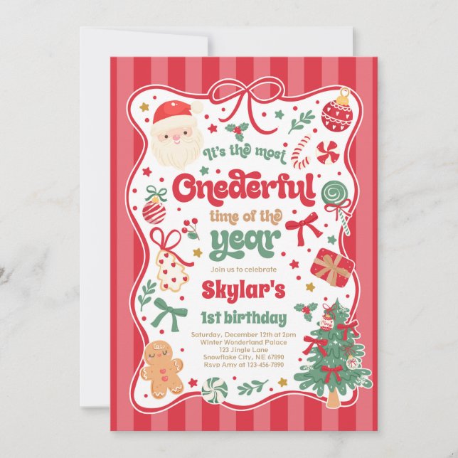 Onederful Time Of The Year Christmas Bow Birthday Einladung (Vorderseite)