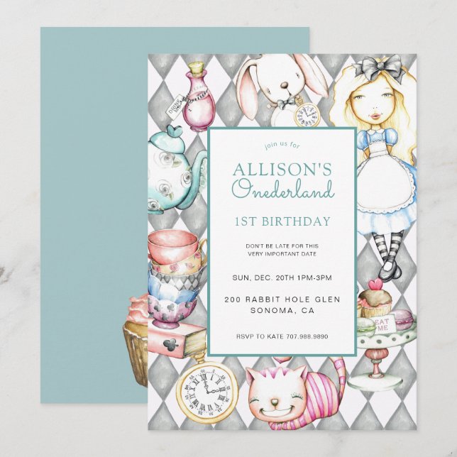 ONEderland Girl's 1st Birthday Einladung (Vorne/Hinten)