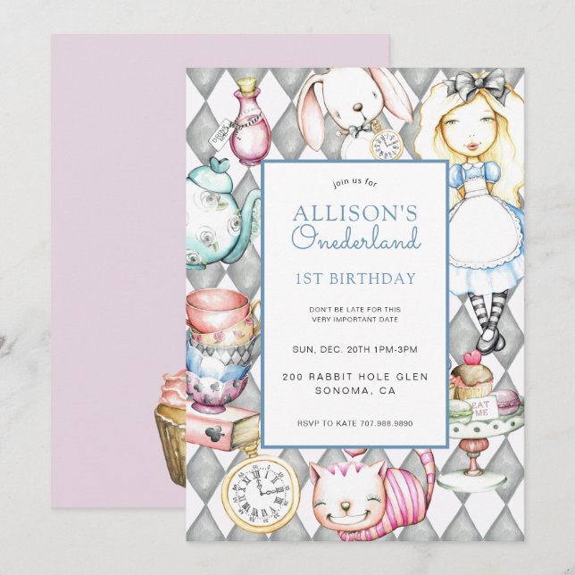 ONEderland Girl's 1st Birthday Invitation (Devant / Derrière)