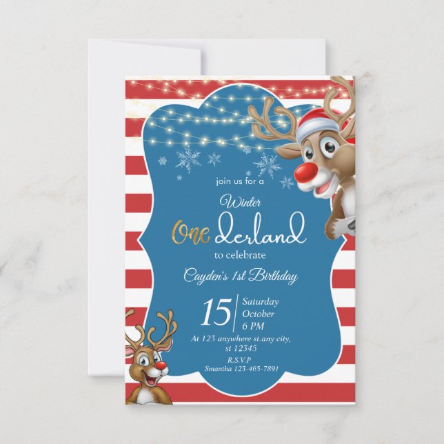 onederland Reindeer 1. Geburtstag Einladung (Vorderseite)