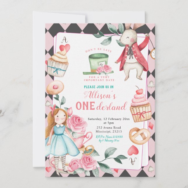 Onederland Tea Party Girl Birthday Einladung (Vorderseite)