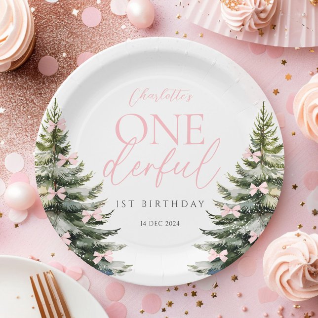 Onederland Winter Pink Bow 1st Birthday Pappteller (Von Creator hochgeladen)