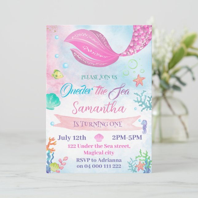 Onethe Sea Mermaid 1. Geburtstag Einladung (Stehend Vorderseite)