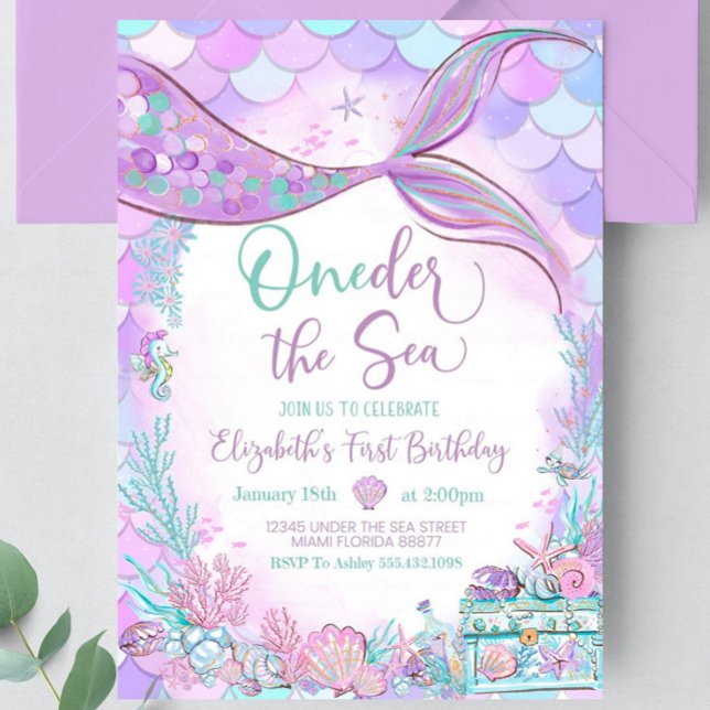 Onethe Sea Mermaid Lila Aquamarin ersten Geburtsta Einladung (Von Creator hochgeladen)