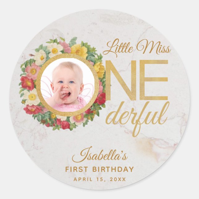 Onetime First Birthday Foto Floral Rose Wreath Runder Aufkleber (Vorderseite)