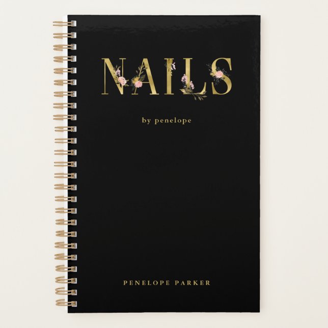 Ongles | Typographie florale d'or sur noir (Devant)