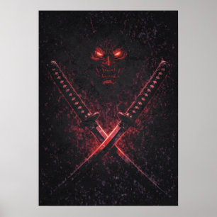 Oni-Zwillingsklingen-Samurai, abstrakter surrealer Poster