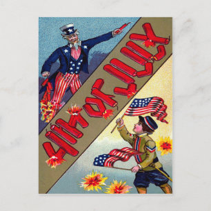 Onkel Sam Kind Amerikanische Flagge Feuerwerk Postkarte