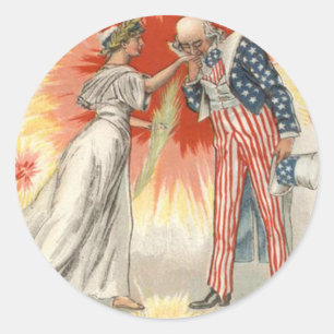 Onkel Sam Lady Liberty US-Flag Feuerwerk Runder Aufkleber