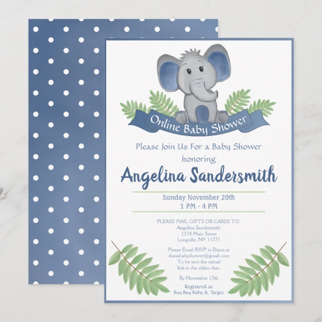 Online Baby Dusche von Mail Blue Boy Elephant Einladung (Vorne/Hinten)