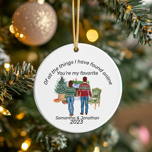 Online Dating Couple Brown Hair Newlyweds Keramik Ornament (Von Creator hochgeladen)