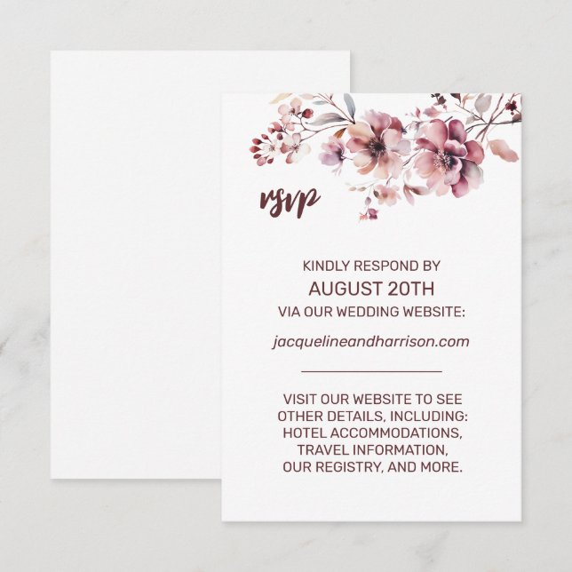 Online Hochzeit mit Burgund & Blush Floral Waterco RSVP Karte (Vorne/Hinten)