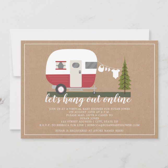 Online Red Trailer Camper Woodland Babydusche Einladung (Vorderseite)