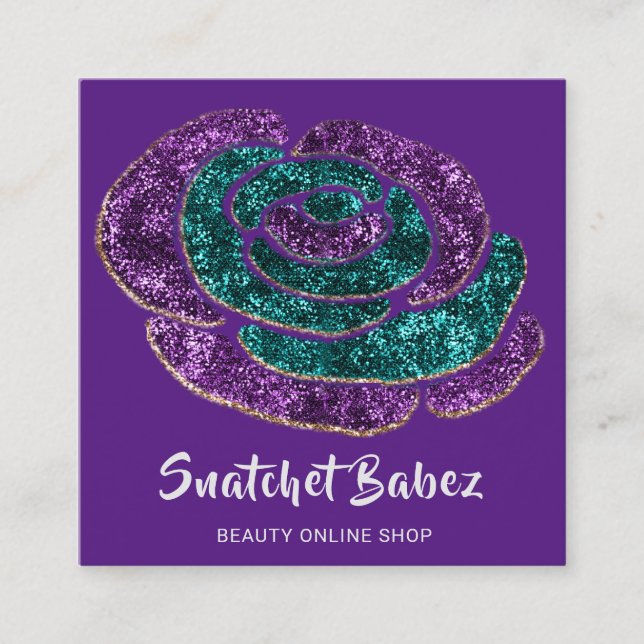 Online Shop Beauty Glitzer Lila QR-Code Logo Quadratische Visitenkarte (Vorderseite)
