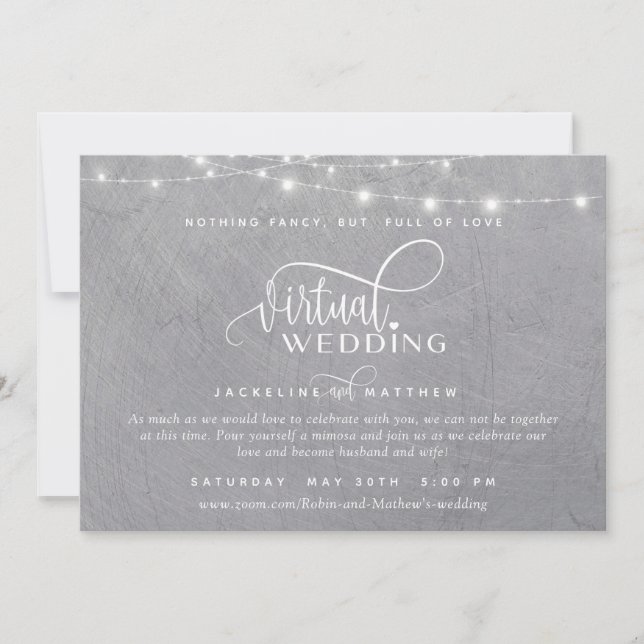 Online Virtual Wedding Gray Silver, String Lights Save The Date (Vorderseite)