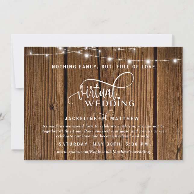 Online Virtual Wedding Rustic Wood, String Lights Save The Date (Vorderseite)