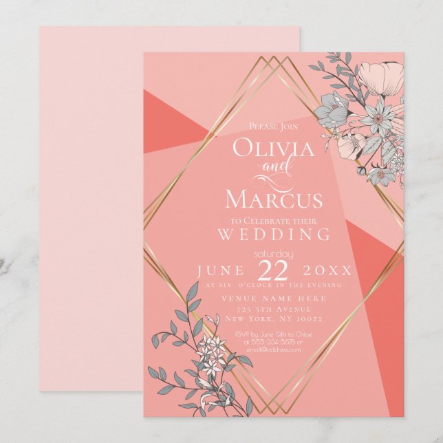 OnTrend Wedding Coral Floral Geometric Gold Frame Einladung (Vorne/Hinten)