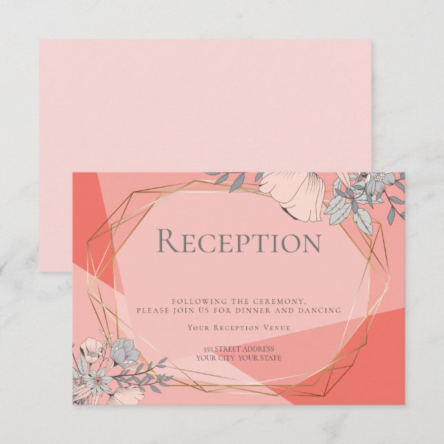 OnTrend Wedding Reception Coral Floral Gold Rahmen Einladung (Vorne/Hinten)