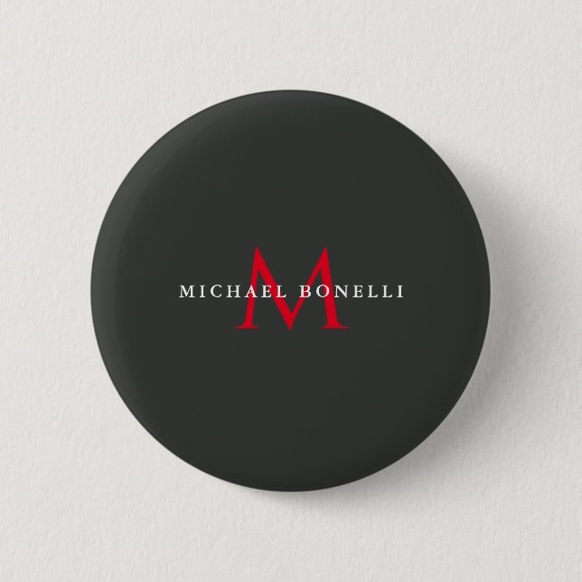 Onyx Black Red Monogram Modern Minimalistisch Button (Vorderseite)