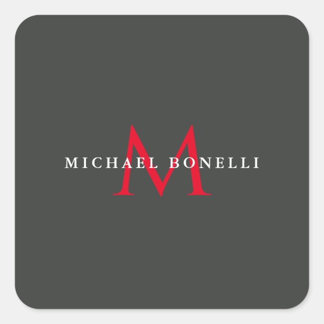 Onyx Black Red Monogram Modern Minimalistisch Quadratischer Aufkleber (Vorderseite)